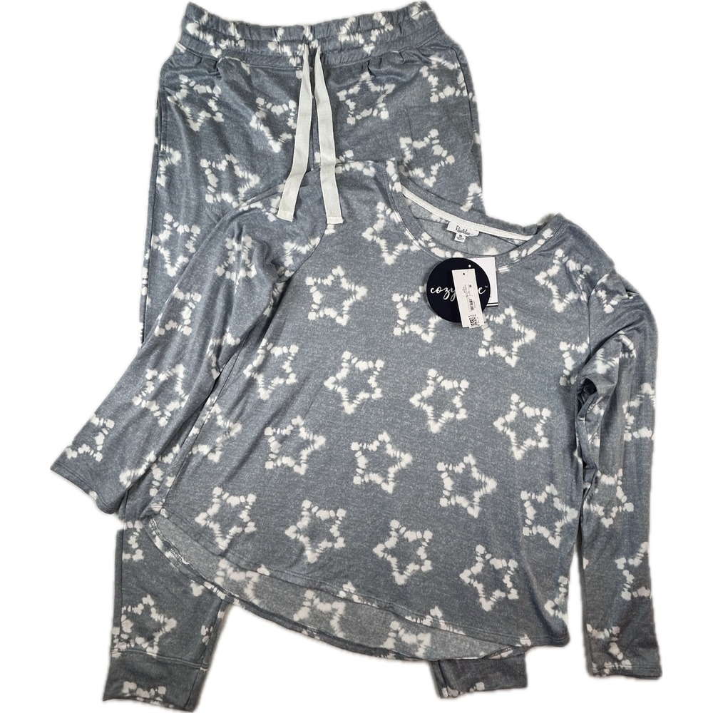 Roudelain Womens XL Super Soft Pajama Set Gray Star Long Sleeve Top Pants Lounge